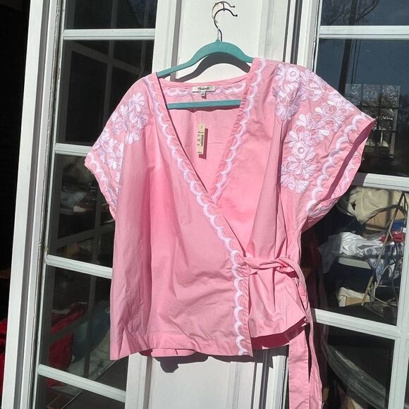 Madewell Pink Wrap Blouse with White Embroidery - Picture 5 of 12